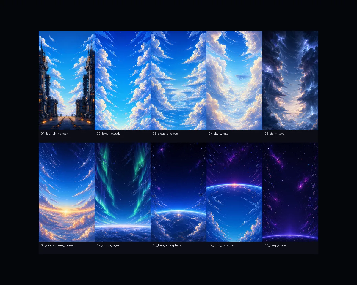 RocketRush altitude art contact sheet