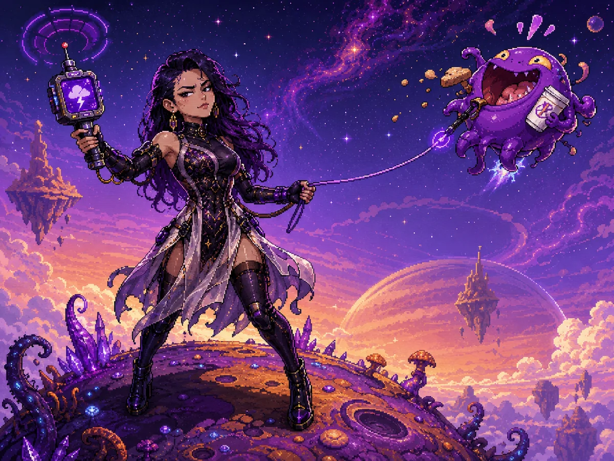 Ashlee Adventure key art with Ashlee guiding a hungry space critter through a purple sky