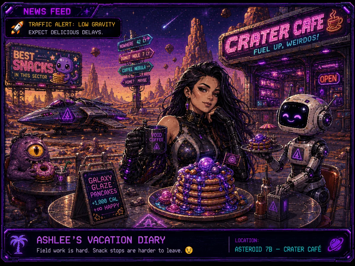 Ashlee at Crater Cafe with a robot server, pancakes, ship, and neon signs