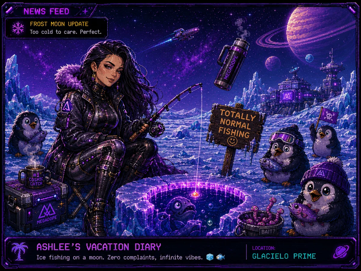 Ashlee ice fishing on a frozen moon with penguins and a purple sci-fi base