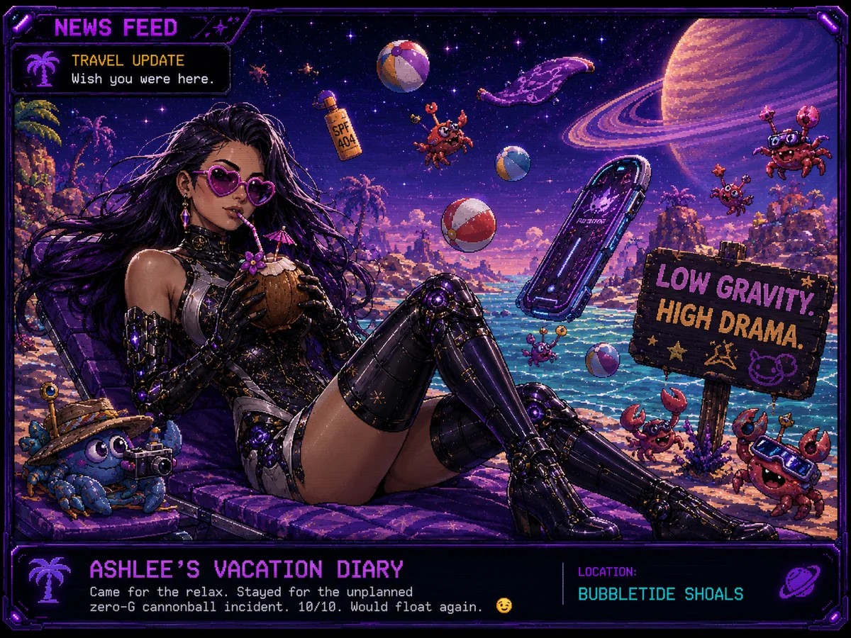 Ashlee relaxing at a low-gravity beach with alien crabs, hoverboard, and ringed planet