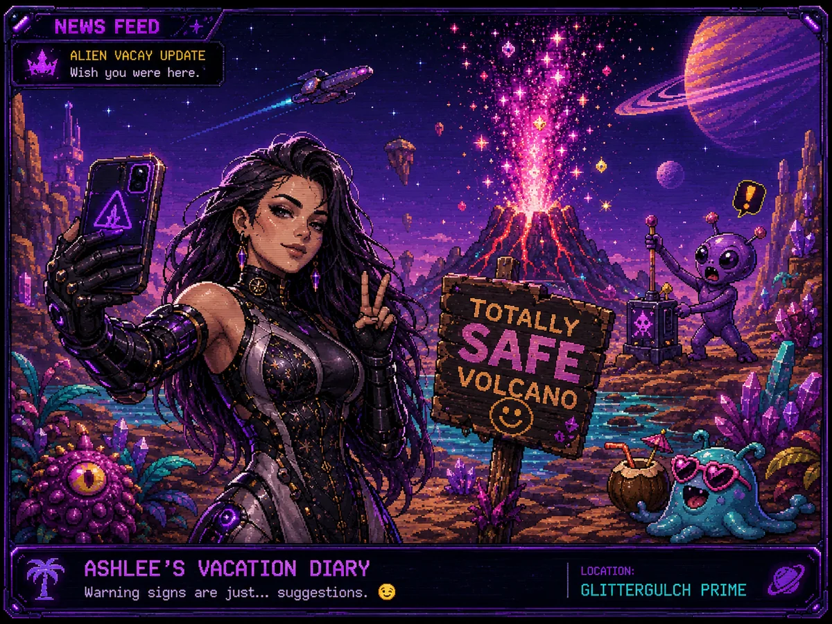 Ashlee selfie near a safe volcano with alien mascots and purple crystal terrain