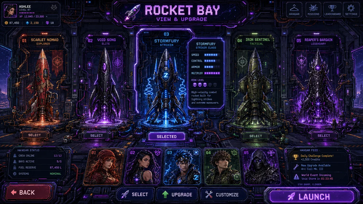 RocketRush rocket bay upgrade screen concept