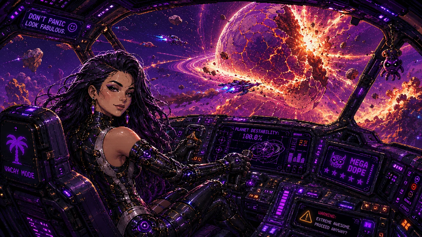 Ashlee piloting a spaceship while a planet breaks apart outside the cockpit