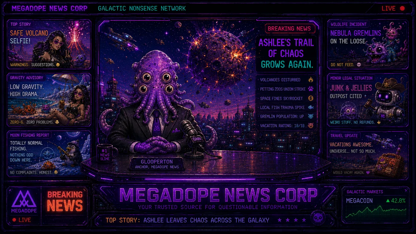 MegaDope News Corp broadcast wall with multiple space news panels