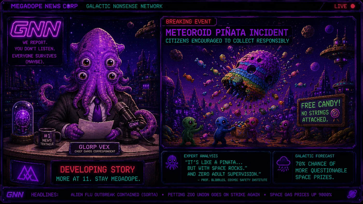 Galactic Nonsense Network report about a meteoroid pinata incident in a purple alien city