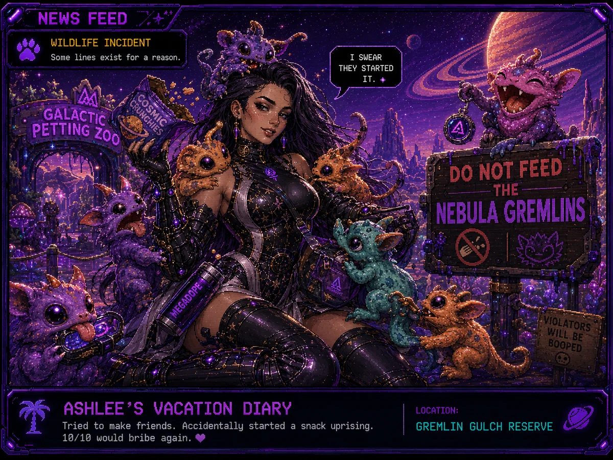 Ashlee at a galactic petting zoo with small colorful alien animals and warning signs
