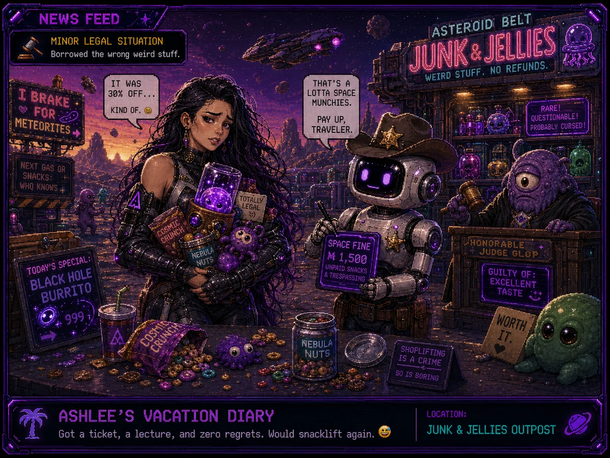 Ashlee in a junk and jellies outpost courtroom scene with robot sheriff and snacks