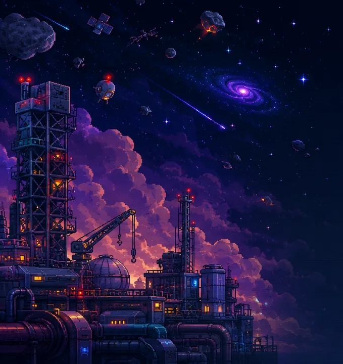 RocketRush industrial launch tower under a star-filled sky