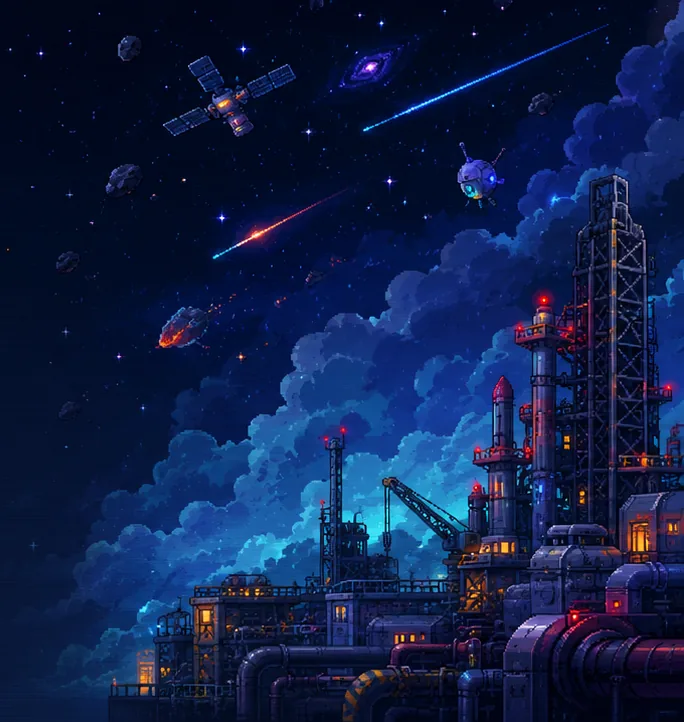 RocketRush launch tower, satellites, meteors, and deep-space clouds