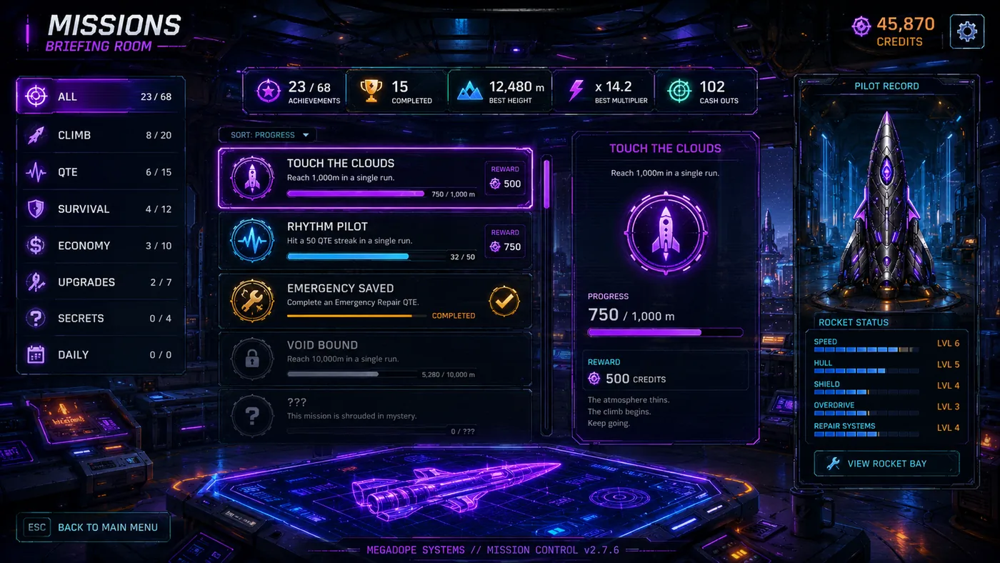 RocketRush missions and upgrade interface concept