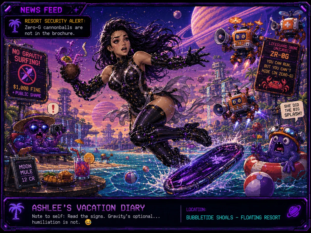 Ashlee in zero gravity at a floating resort with rescue drones and ocean planet scenery
