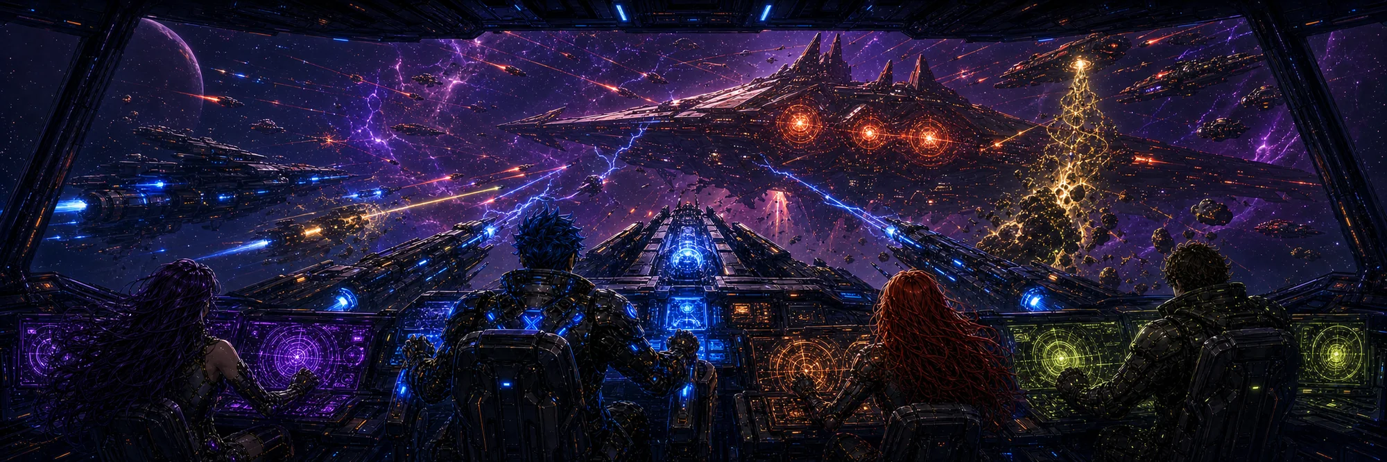 Zane, Ashlee, Luna, and Maximus on the Stormbringer command bridge facing an enemy capital ship
