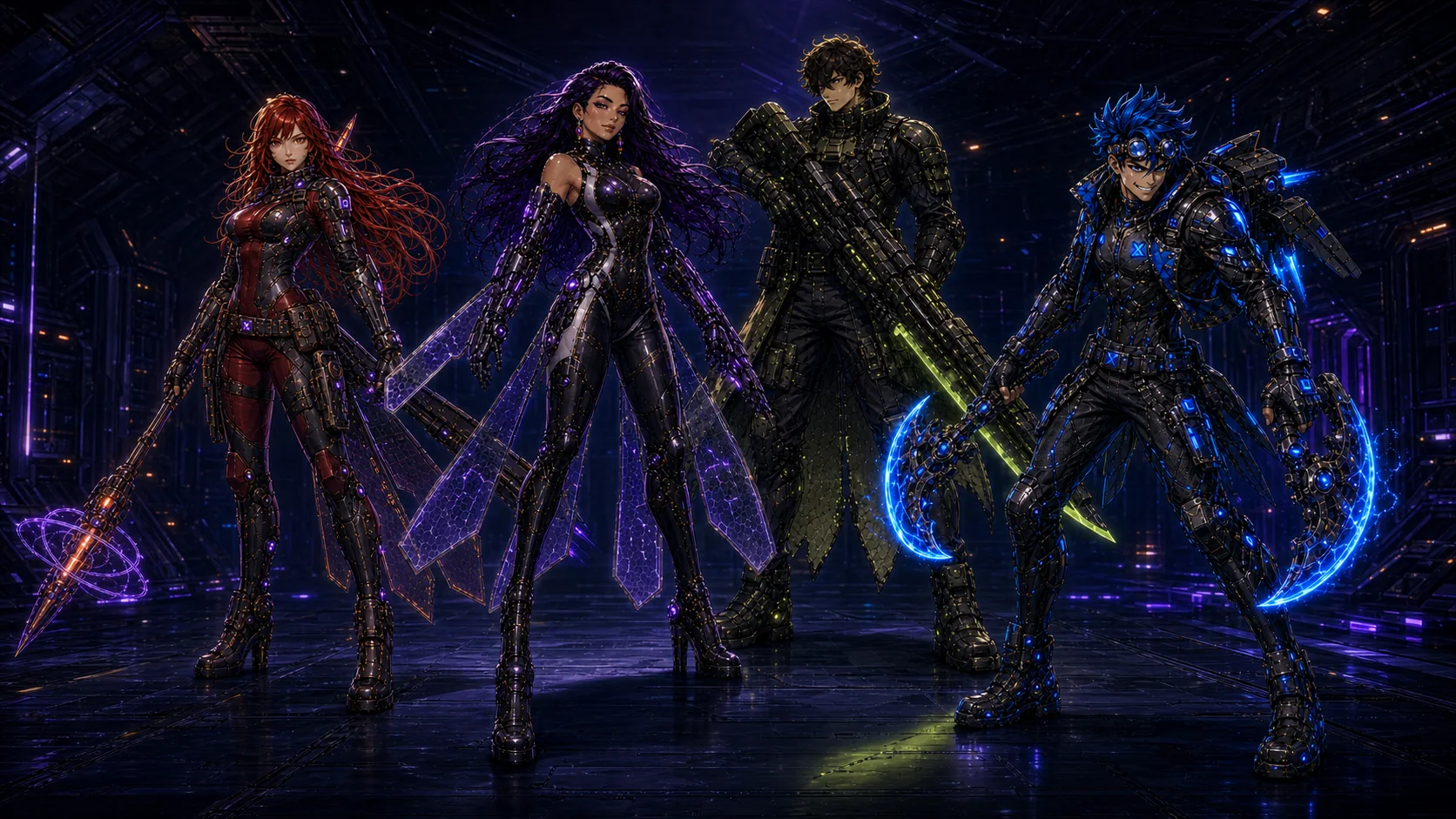 Luna, Ashlee, Maximus, and Zane together in the Stormbringer hangar