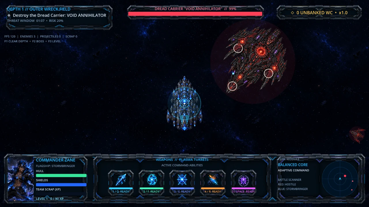 Space Commander gameplay showing the Stormbringer facing the Dread Carrier Void Annihilator