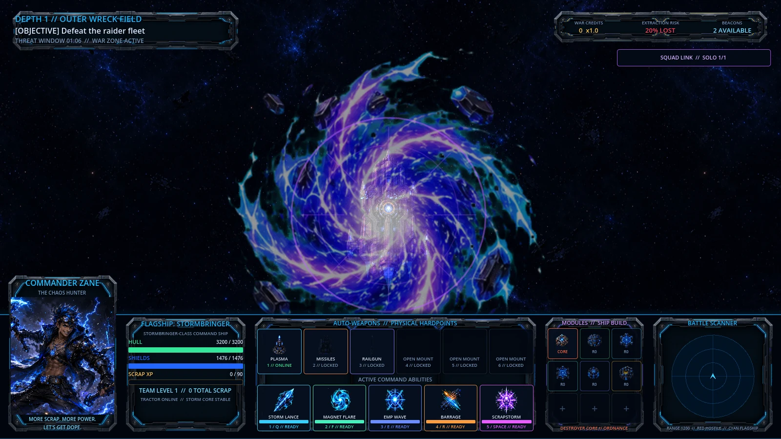 Space Commander gameplay showing the Stormbringer charging Scrapstorm Core in the Outer Wreck Field