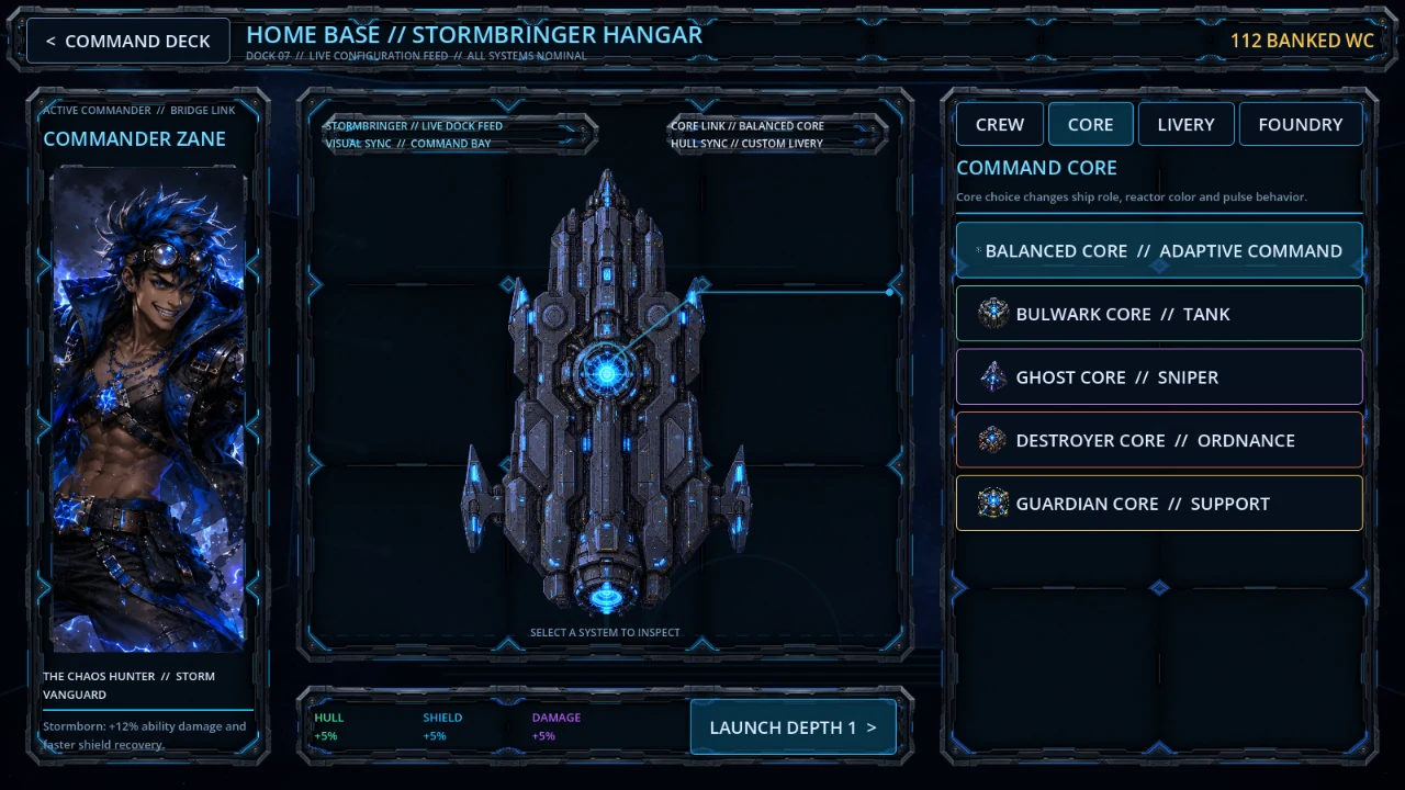Space Commander Home Base showing Zane, the Stormbringer, and five Command Cores