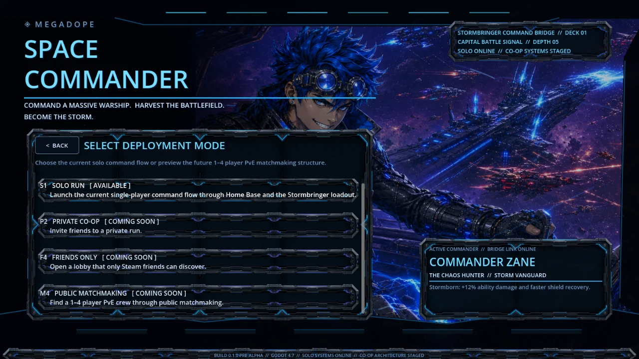 Space Commander deployment mode screen featuring Zane and the Stormbringer