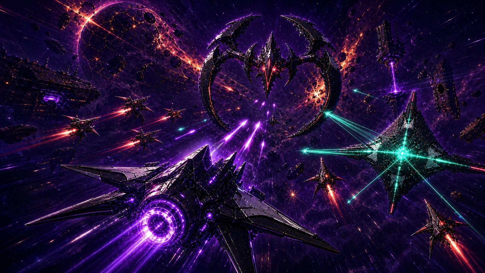 Void fleet concept art with a massive ring-shaped capital ship and attacking fighters