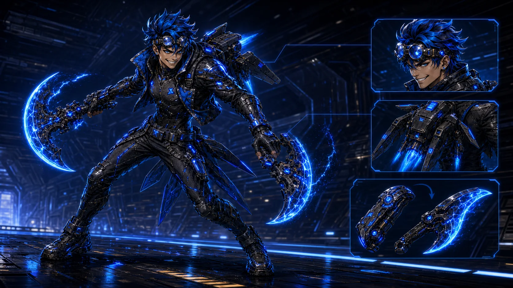 Zane in blue lightning armor with twin energy blades