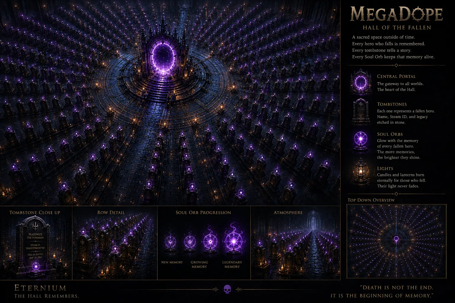 Top-down Hall of the Fallen concept art with rows of tombstones radiating from a central portal