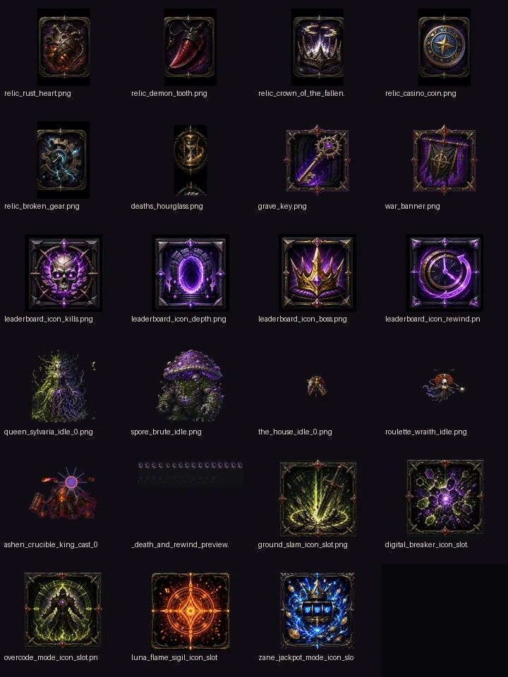 MegaDope 2D relic, leaderboard, enemy, and ability icon source sheet
