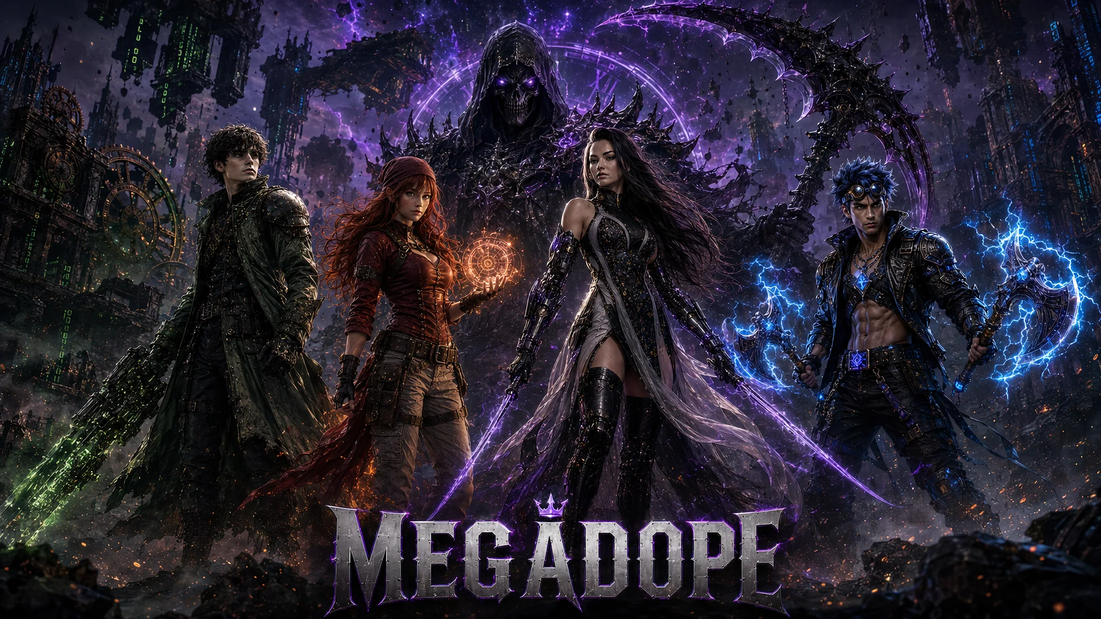 MegaDope promotional artwork with four heroes and Death in a cinematic battlefield
