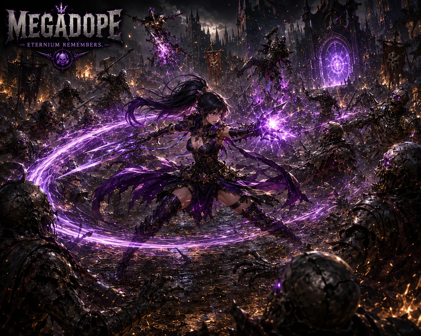 Luna fighting undead hordes with purple magic