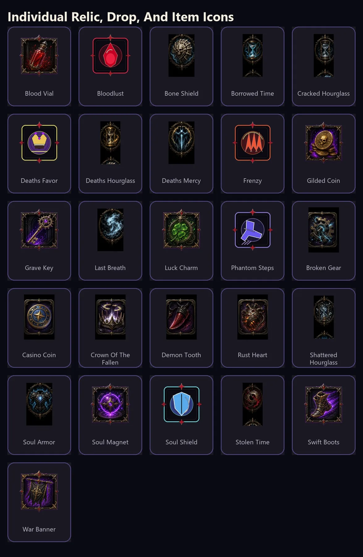 MegaDope 2D individual relic, drop, and item icon library