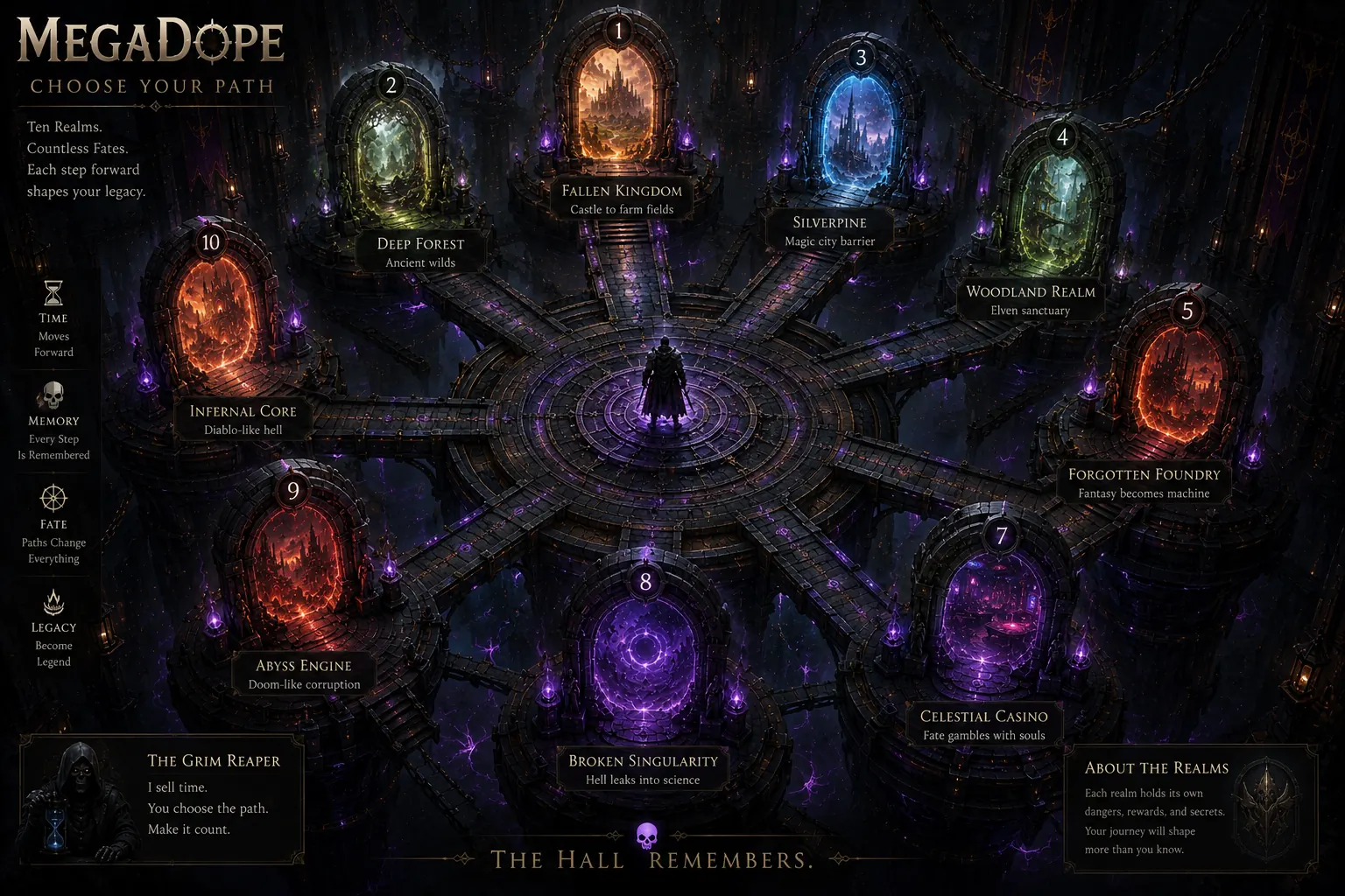 MegaDope level selection room with ten accessible portals arranged around a central platform
