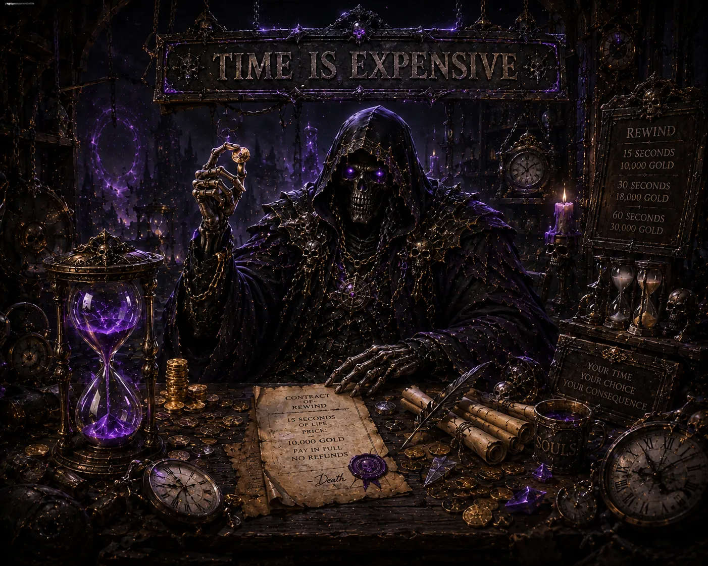 Death as a cosmic merchant at a table with clocks, coins, and contracts