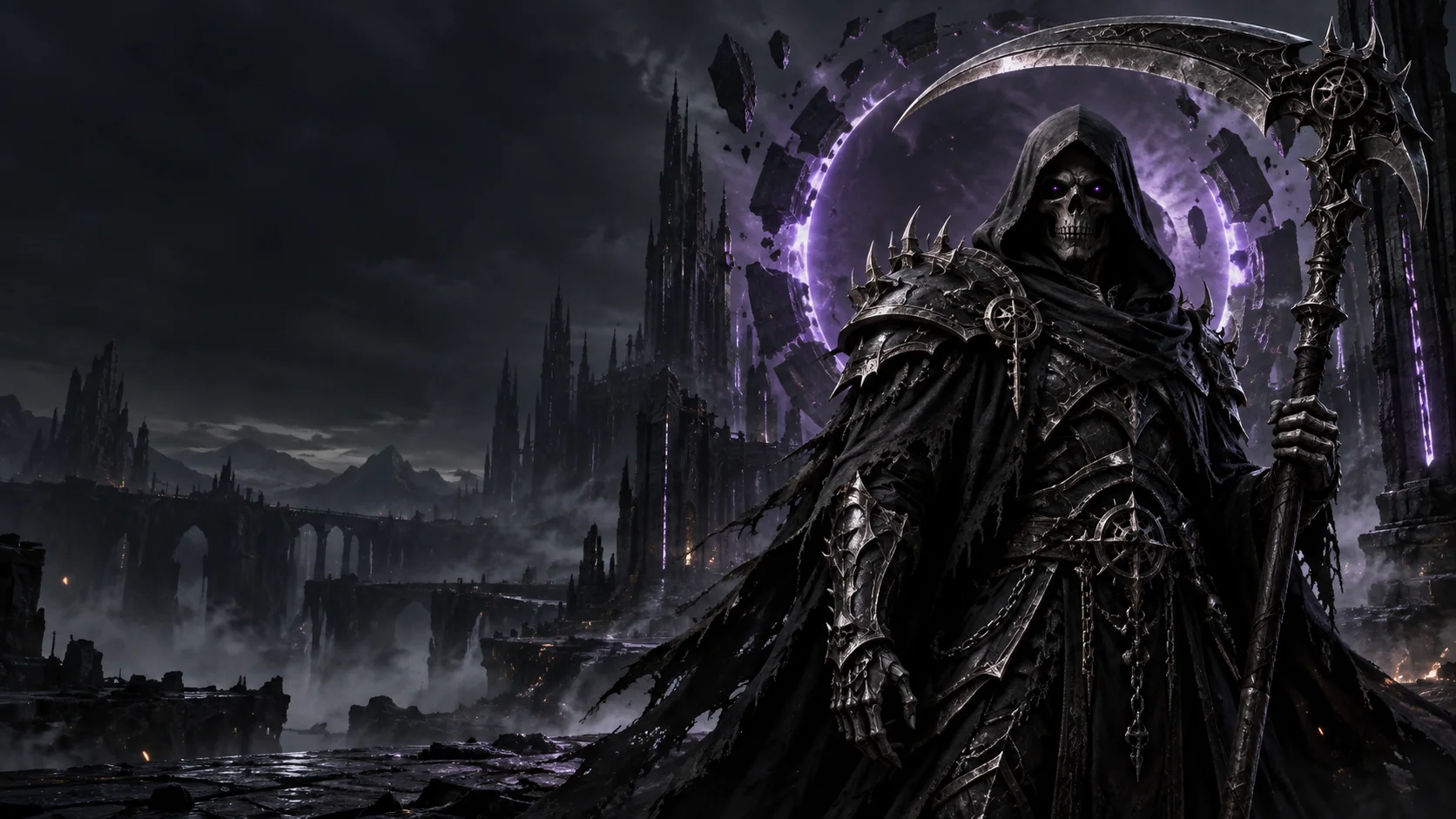 Death waits beside a violet portal in Eternium. MegaDope 2D promotional artwork.