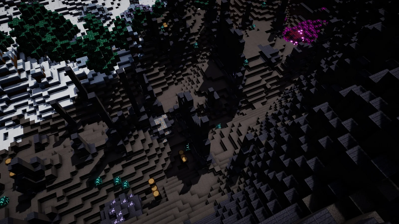 Dark voxel crags and a glowing purple Hive in The Ashen Maw
