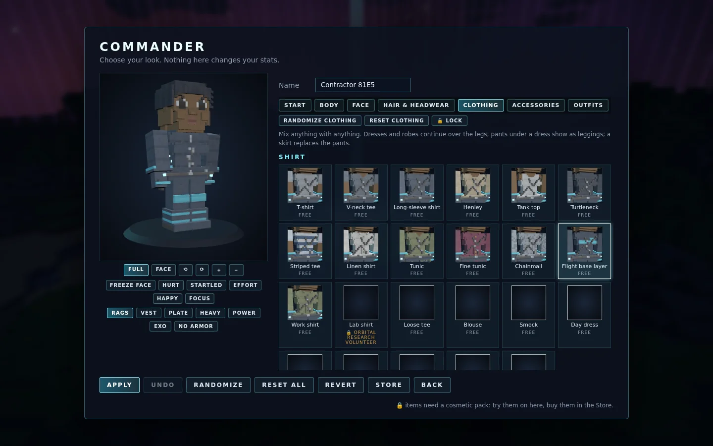 STARCORE's Commander customization screen with modular clothing choices