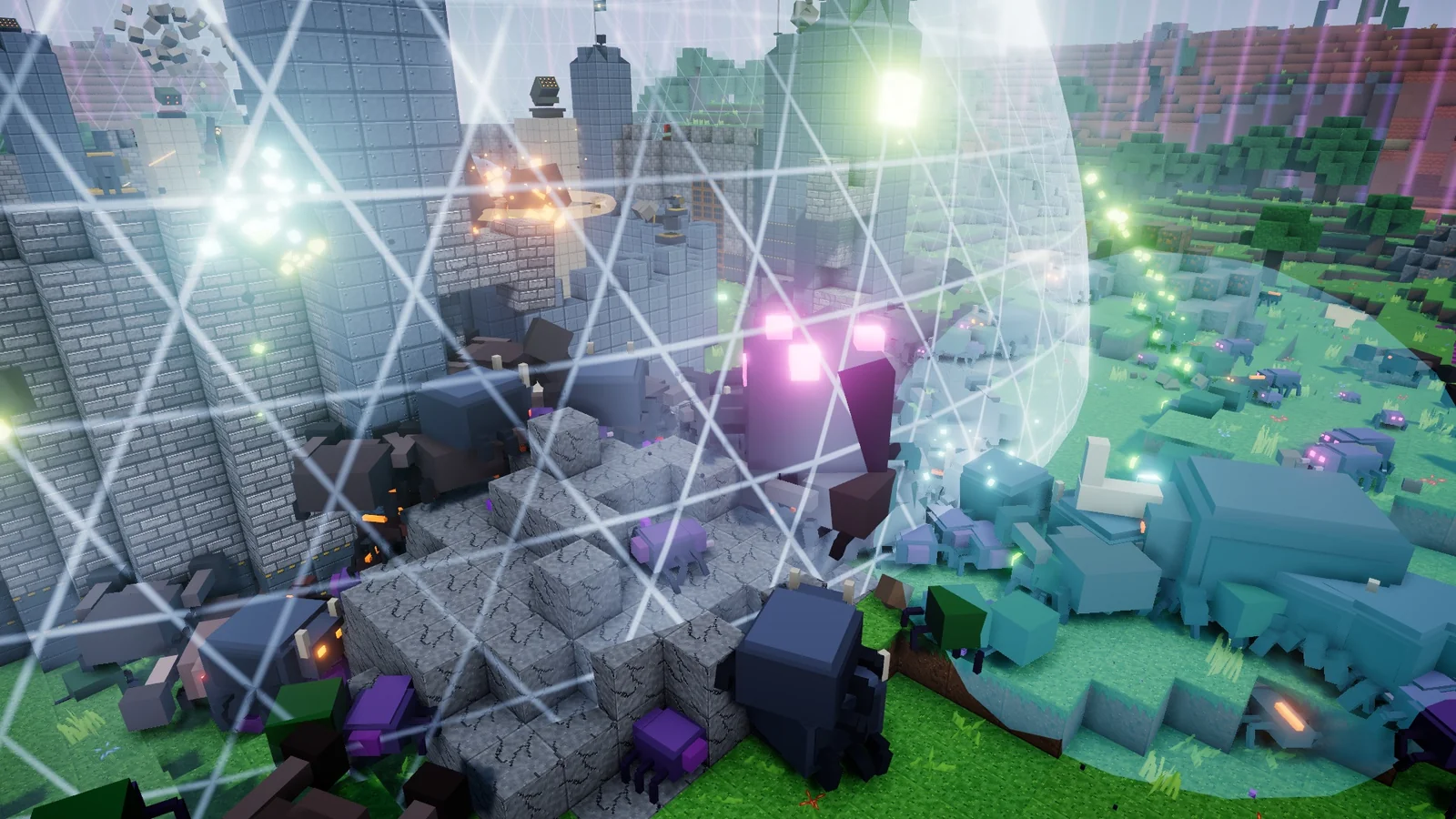 A stone fortress under attack from a swarm of voxel creatures