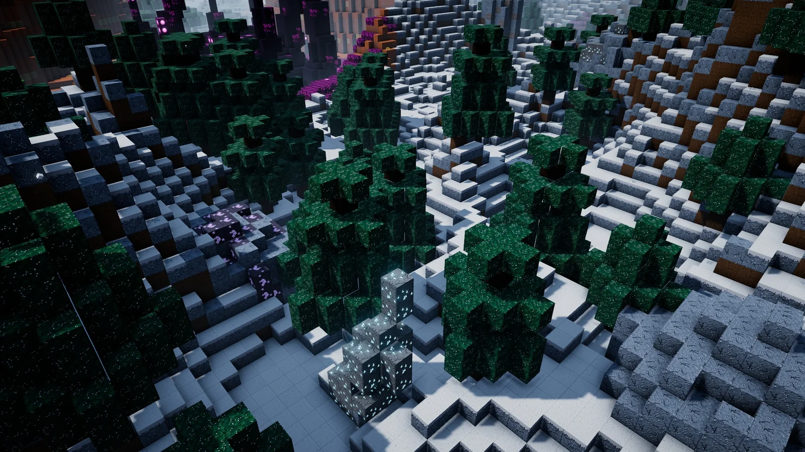 Snow-covered voxel terrain and ice in The Frostveil