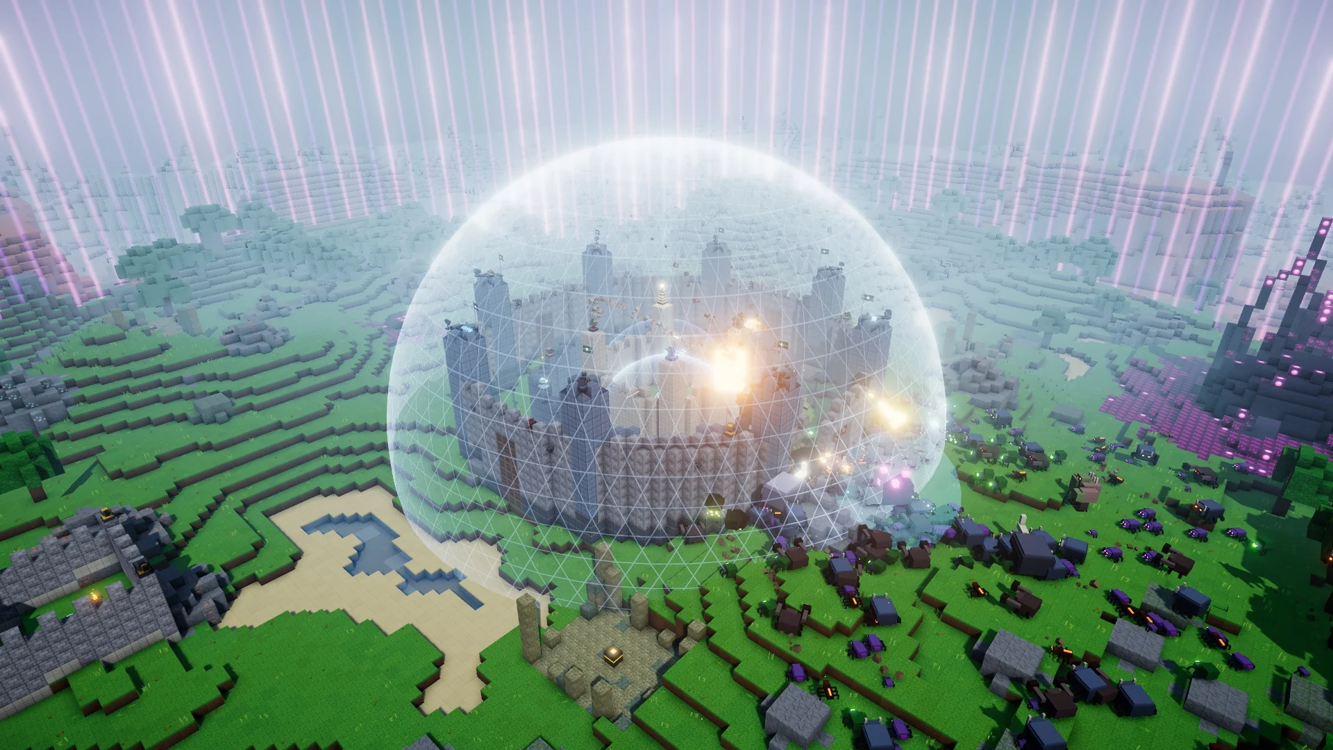 A fortified castle and green valley in STARCORE's voxel world