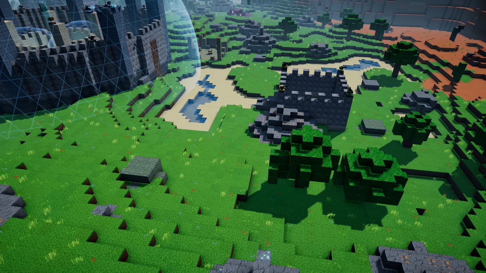 Green voxel hills, trees and a fortified castle in The Verdant Hollow